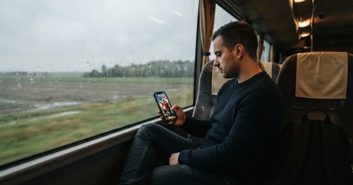 Férfi sötét pulóverben hosszú buszjáraton ül, kezében okostelefon, a kijelző nem látszik, az ablakon át mezők suhannak.