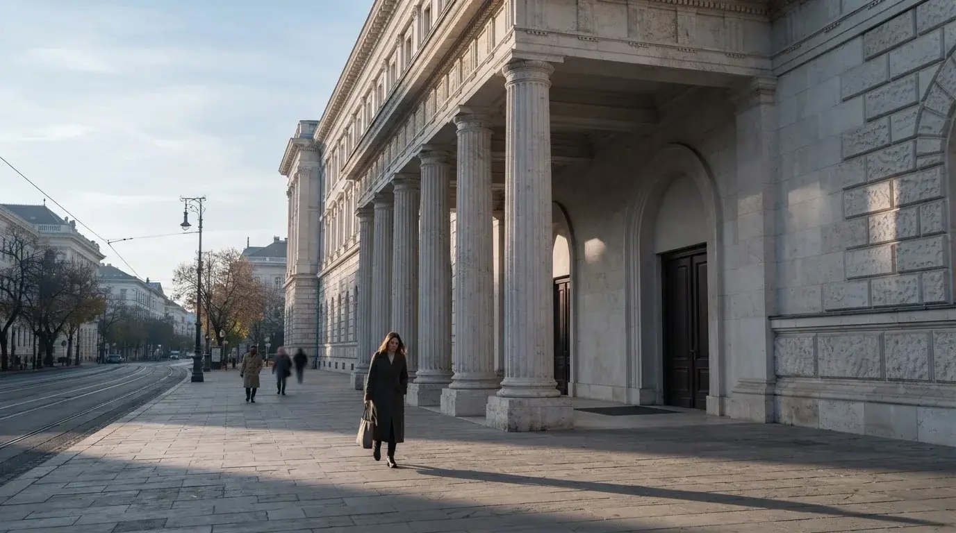 Kőoszlopos, kormányzati jellegű épület homlokzata Budapesten kora reggel, előtte átsétáló emberek, felirat és címer nélkül.