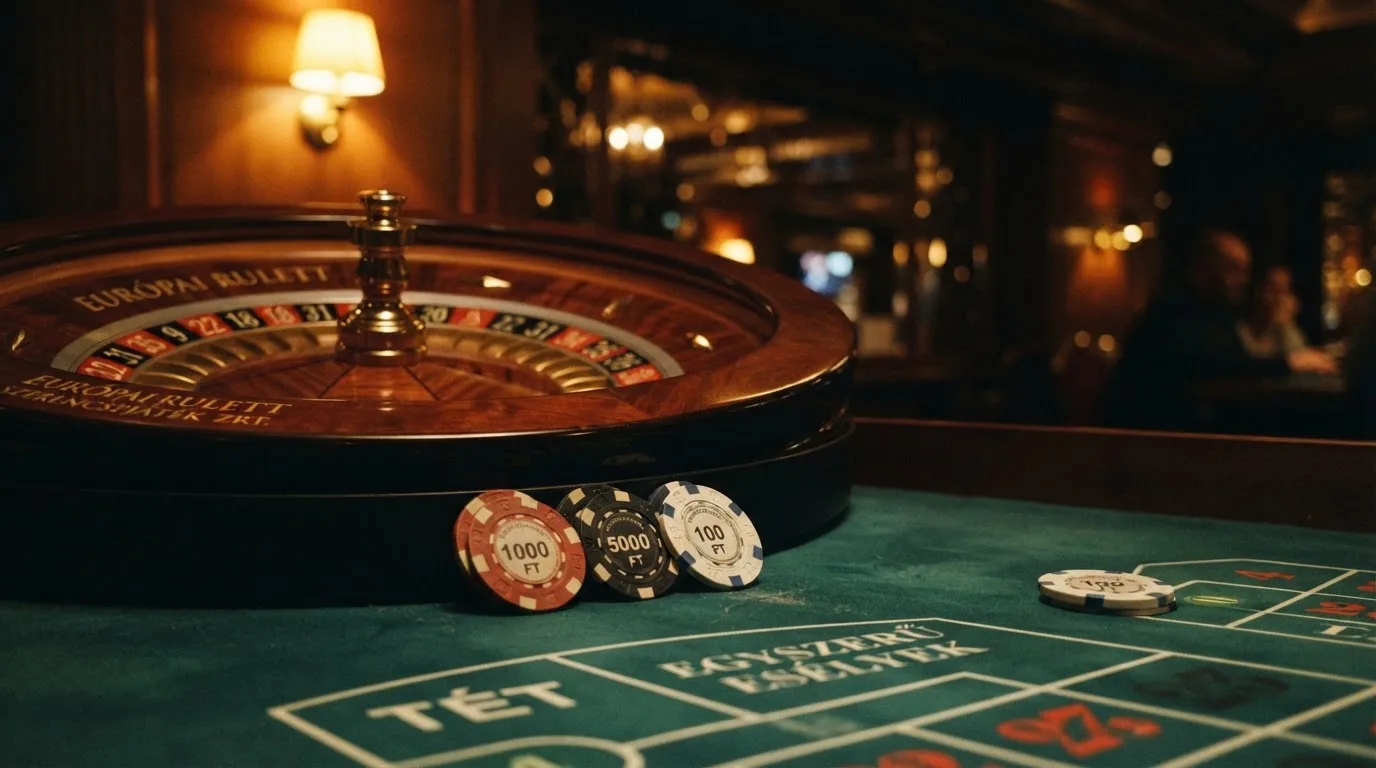 Rulettkerék és zsetonok zöld posztón, meleg esti fényben — blackjack szabályok magyaroknak