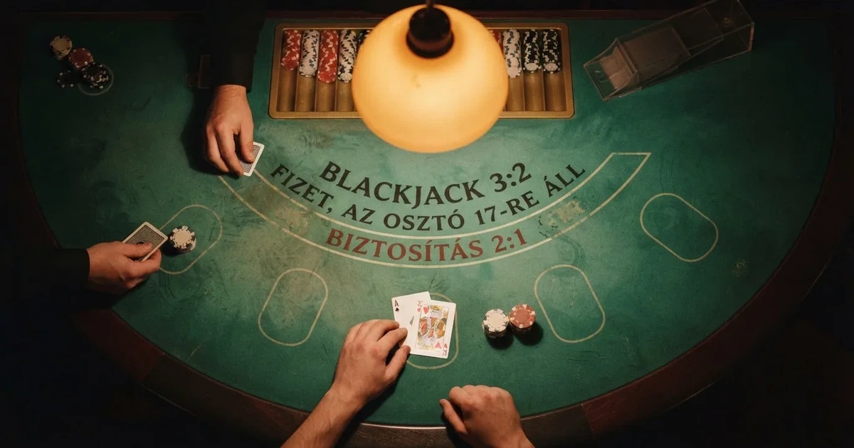 Megvilágított játékasztal kártyákkal, felülnézetből — blackjack szabályok magyaroknak