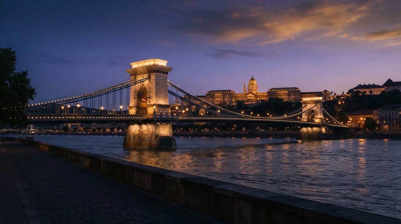A budapesti Lánchíd esti fényekben a Duna fölött, a háttérben a budai Vár, forgalom nélküli rakpart.