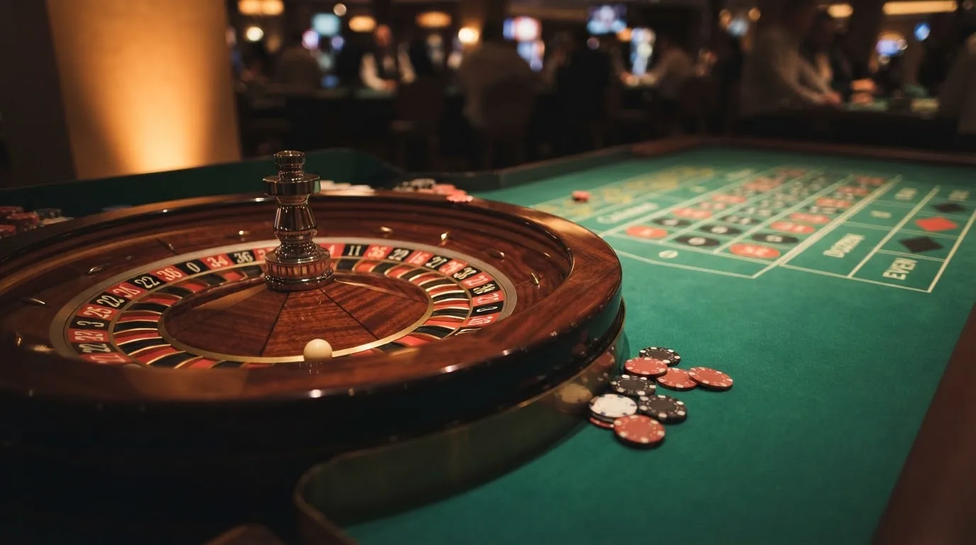 Rulettkerék és zsetonok zöld posztón, meleg esti fényben — high roller kaszinók magyarországon