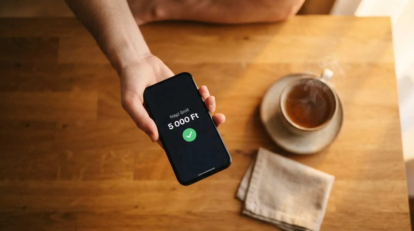 Kéz tart egy mobiltelefont egy csésze tea mellett a konyhaasztalon egy nyugodt estén — kaszinó szerencsejáték magyarországon