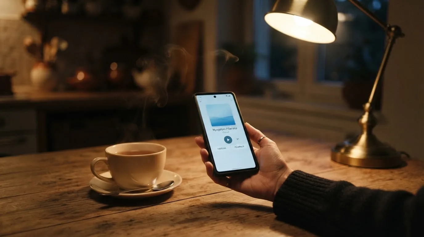 Kéz tart egy mobiltelefont egy csésze tea mellett a konyhaasztalon egy nyugodt estén — külföldi magyar kaszinók