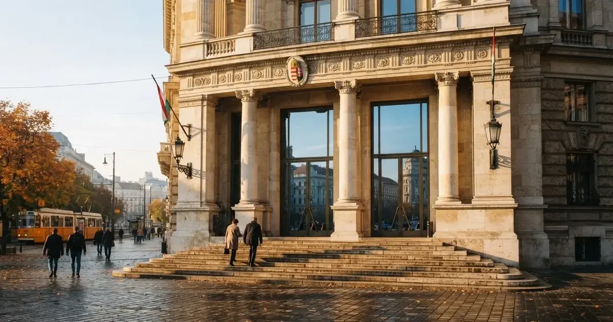 Hivatali irodaépület bejárata a budapesti belvárosban, üvegajtó, fényes homlokzat, járókelők a járdán.
