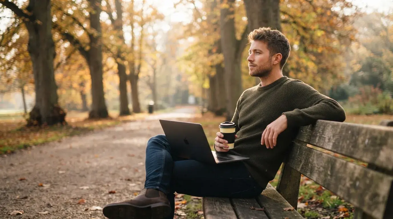 Fiatal férfi parkpadon ül, kezében összecsukott laptop és kávé, nyugodtan szünetet tart, a háttérben fák.