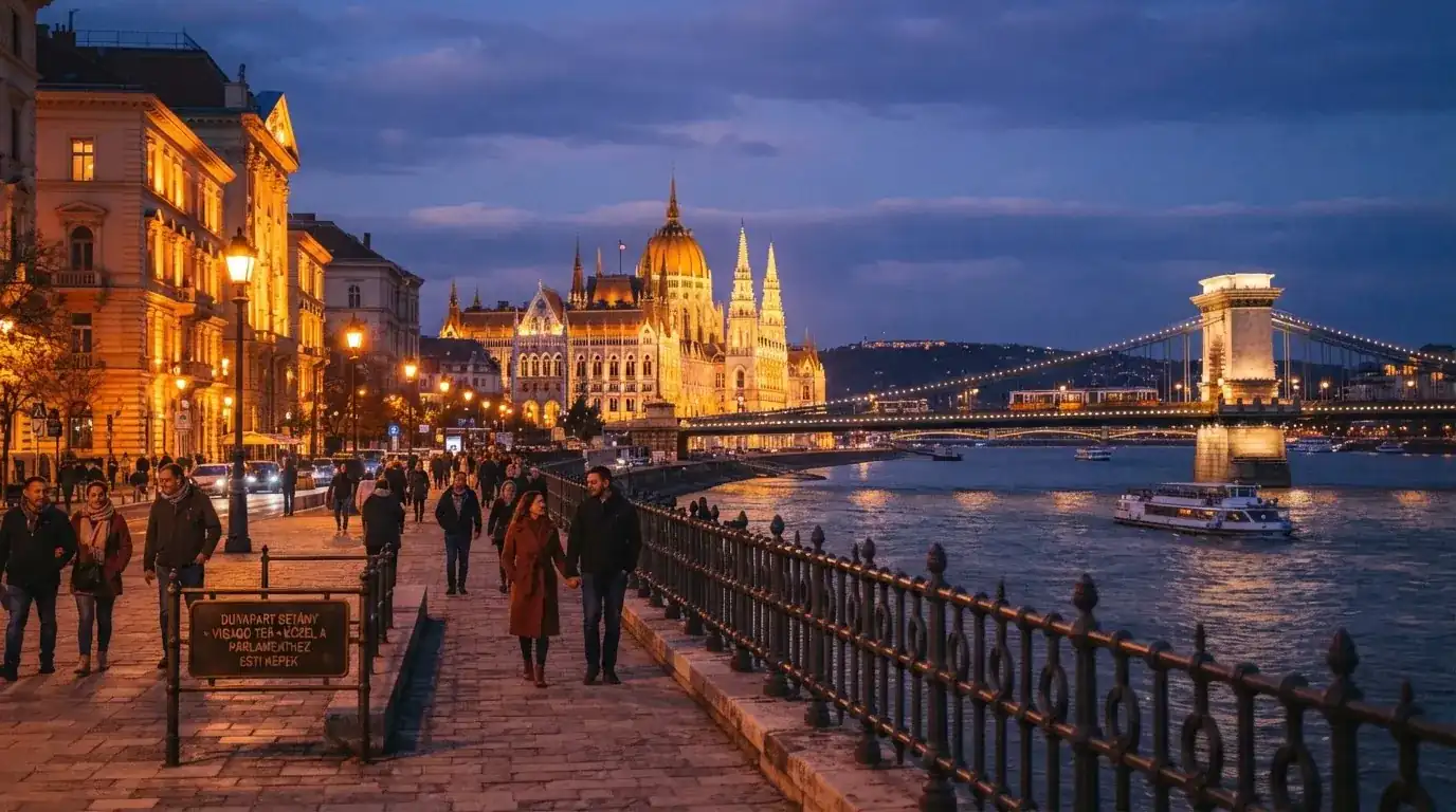 Budapesti belváros esti látképe a Duna-parttal és a Parlament sziluettjével, járókelők a rakparton, megvilágított hivatali épületek.